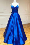 A-ligne Satin Col V Bleu Royal Robes De Bal Robes De Soirée TP1024