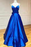 A-line Satin V Neck Royal Blue Prom Dresses Evening Dresses TP1024 - Tirdress