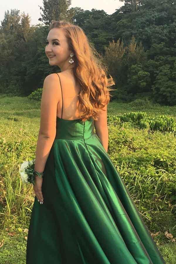 A-line Satin Princess Straps Hunter Long Prom Dress Evening Dress PG665 - Tirdress