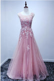 A-line Scoop Floor-length Pink Tulle Open Back Prom Dress With Appliques TP0003