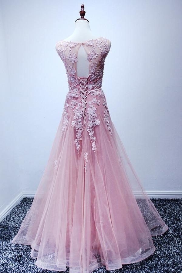 A-line Scoop Floor-length Pink Tulle Open Back Prom Dress With Appliques TP0003 - Tirdress