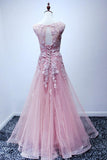 A-line Scoop Floor-length Pink Tulle Open Back Prom Dress With Appliques TP0003 - Tirdress