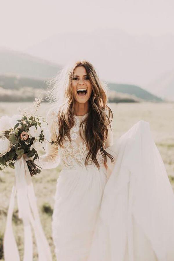 A-line Scoop Lace Wedding Dress Long Sleeve Rustic Wedding Dresses TN254 - Tirdress