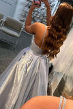 A-line Silver V Neck Satin Long Prom Dress Evening Dress TP1025 - Tirdress