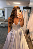 A-line Silver V Neck Satin Long Prom Dress Evening Dress TP1025 - Tirdress