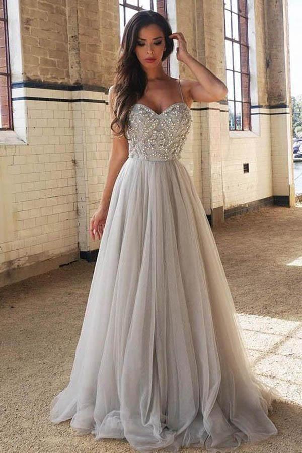 A-line Spaghetti Strap Sweep Train Tulle Prom Dresses With Beading