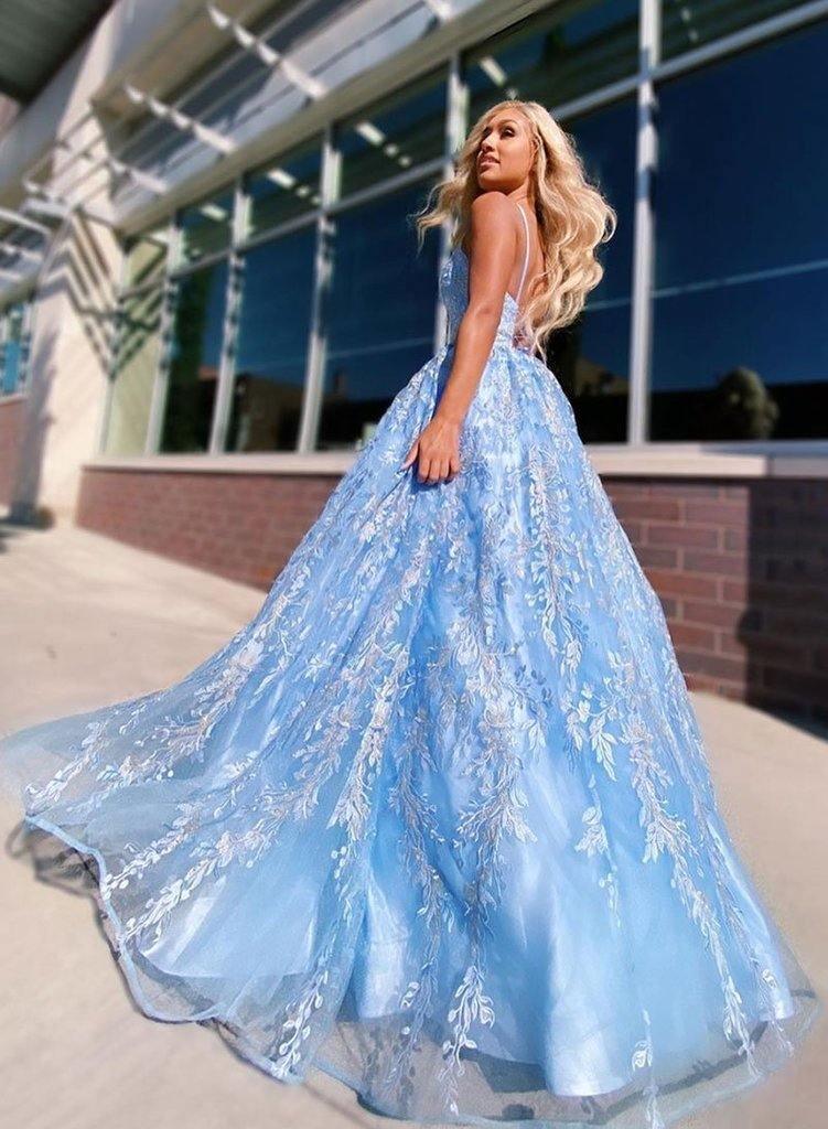 A-line Spaghetti Straps Lace Appliques Sky Blue Long Prom Dresses Evening Dresses TP0912 - Tirdress