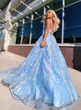 A-line Spaghetti Straps Lace Appliques Sky Blue Long Prom Dresses Evening Dresses TP0912 - Tirdress