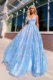 A-line Spaghetti Straps Lace Appliques Sky Blue Long Prom Dresses Evening Dresses TP0912 - Tirdress