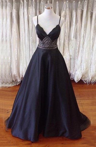 A-line Spaghetti Straps Open Back Sweep Train Black Prom Dress With Beading TP0023 - Tirdress