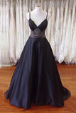 A-line Spaghetti Straps Open Back Sweep Train Black Prom Dress With Beading TP0023
