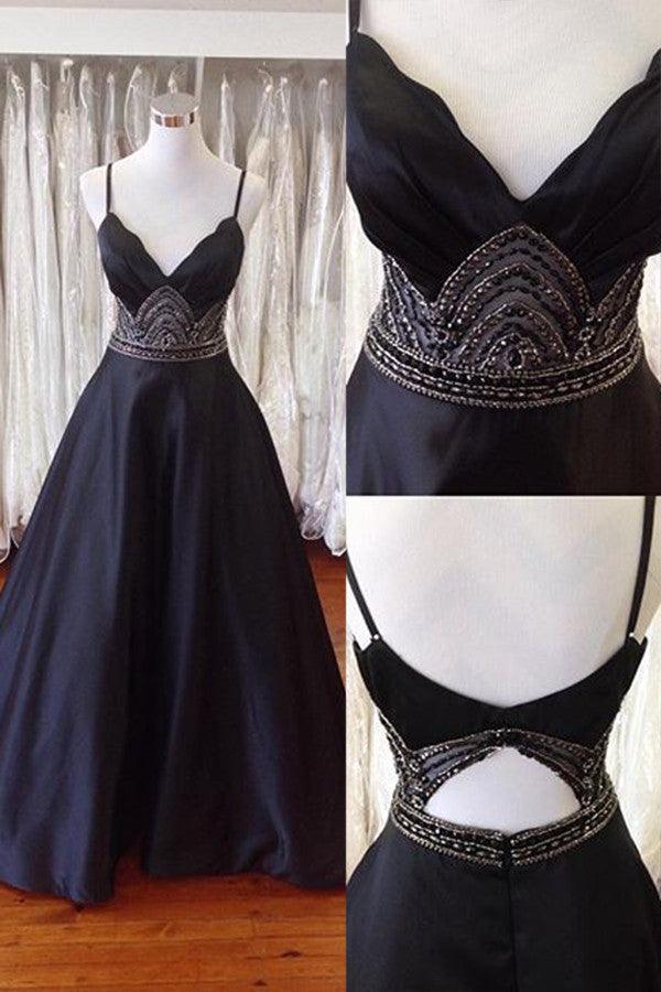 Spaghetti Straps Open Back Sweep Train Black Prom Dress With