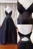A-line Spaghetti Straps Open Back Sweep Train Black Prom Dress With Beading TP0023 - Tirdress