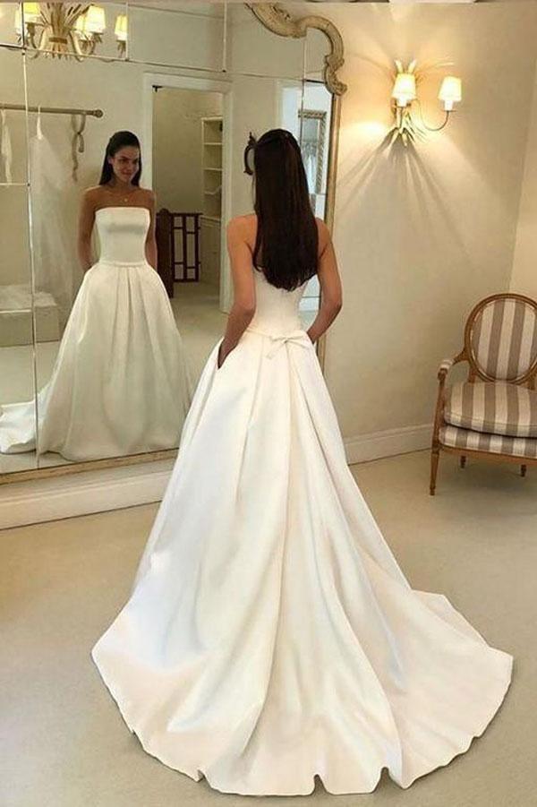 A-line Strapless Open Back Satin Ivory Wedding Dress with Pockets TN192 - Tirdress