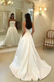 A-line Strapless Open Back Satin Ivory Wedding Dress with Pockets TN192 - Tirdress