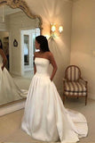 A-line Strapless Open Back Satin Ivory Wedding Dress with Pockets  TN192
