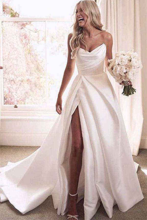 A-line Strapless Satin Ivory Thigh Split Wedding Dresses With Court train TN280 Custom Size / As Picture A-line Strapless Satin Ivory Thigh Split Wedding Dresses With Court train TN280 Custom Size / As Picture