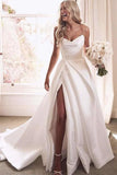 A-line Strapless Satin Ivory Thigh Split Wedding Dresses With Court train TN280 - Tirdress