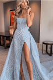 A-line Strapless Sky Blue Long Prom Dresses Unique Long Evening Dress TP0944