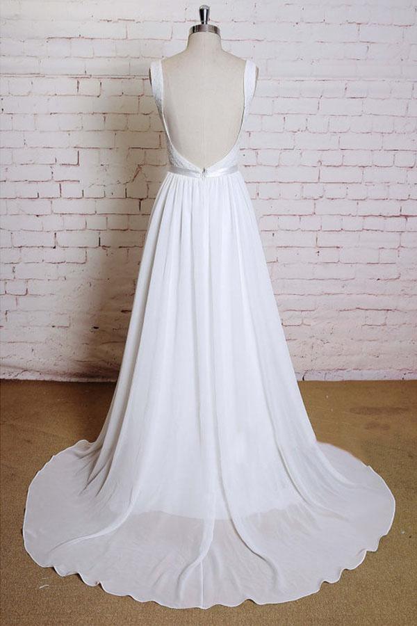 A-line Straps Court Train Chiffon Appliques Backless Wedding Dresses WD172 - Tirdress