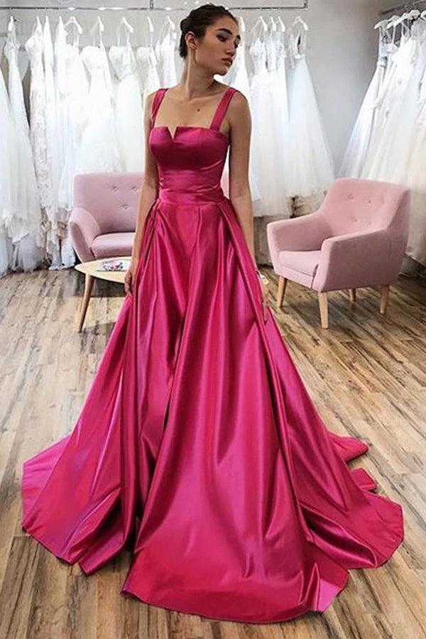 A-line Straps Fuchsia Long Prom Dresses Satin Evening Dress TP1044 - Tirdress