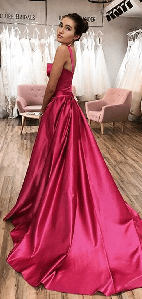 A-line Straps Fuchsia Long Prom Dresses Satin Evening Dress TP1044 - Tirdress