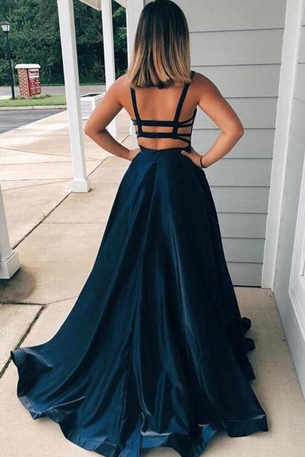 A-line Straps Navy Blue Backless Long Prom Dress with Pockets TP0939 US0 / Burgundy A-line Straps Navy Blue Backless Long Prom Dress with Pockets TP0939 US0 / Burgundy