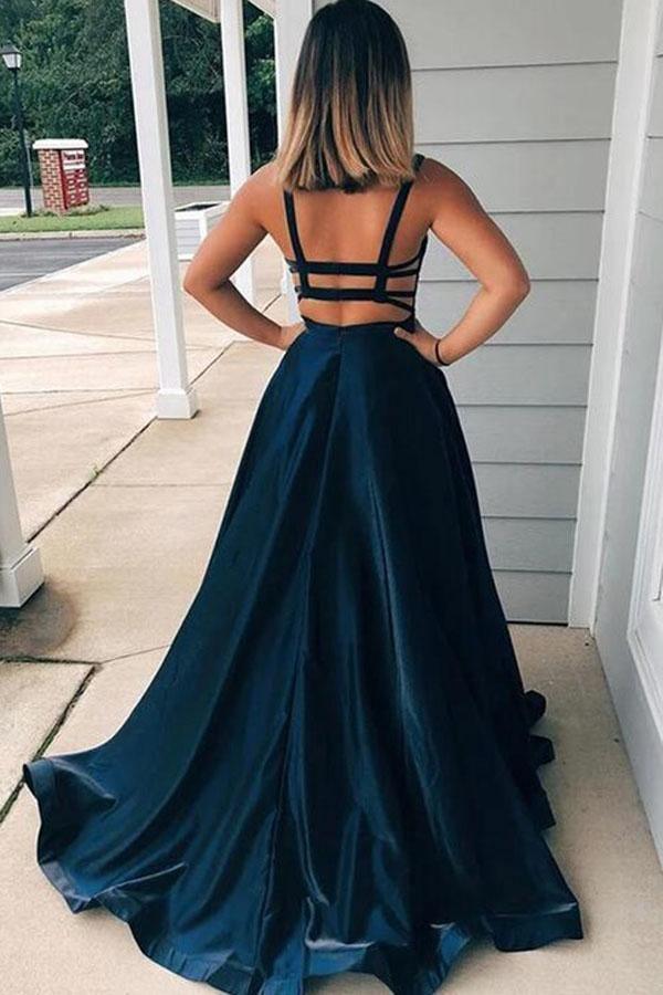 A-line Straps Navy Blue Backless Long Prom Dress with Pockets TP0939 - Tirdress
