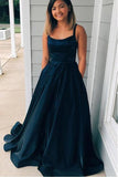 A-line Straps Navy Blue Backless Long Prom Dress with Pockets TP0939