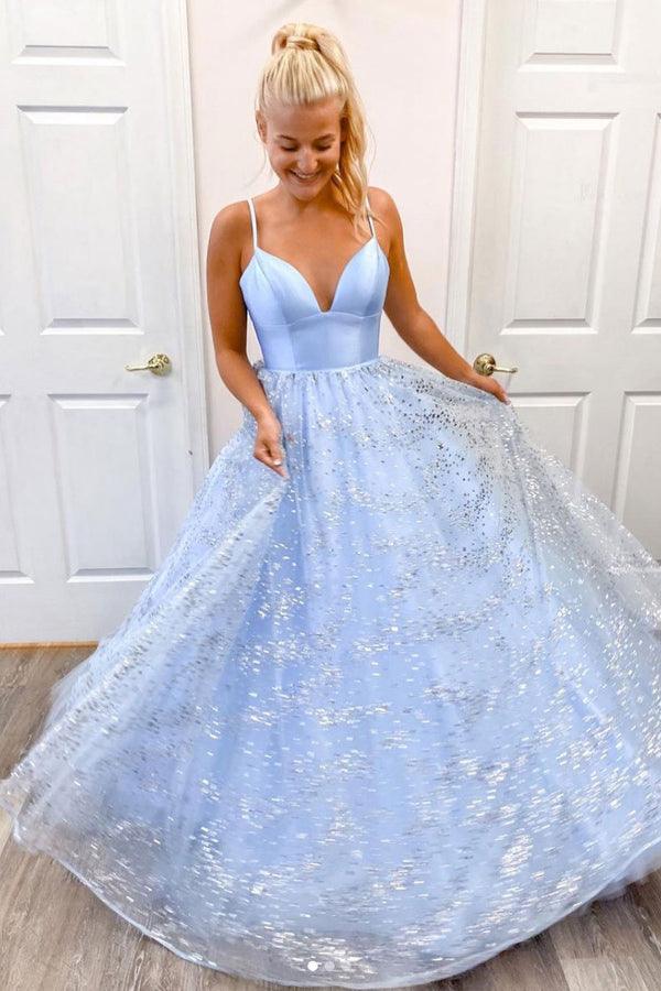 A ligne bretelles tulle bleu sequin longue robe de bal robe de