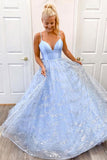 A-line Straps Tulle Blue Sequin Long Prom Dress Evening Dress TP1029 - Tirdress