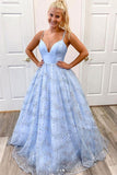 A-line Straps Tulle Blue Sequin Long Prom Dress Evening Dress TP1029 - Tirdress