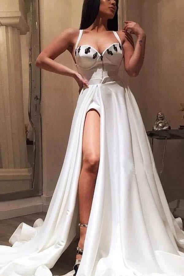 A-line Straps White Long Prom Dress With Slit Evening Dress TP0958 - Tirdress