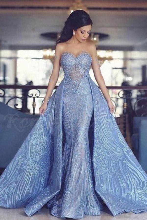 A-line Sweetheart Blue Lace Long Wedding Dress With Appliques TN234 - Tirdress