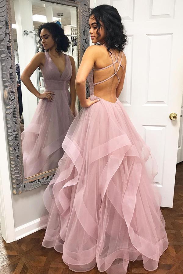 A-line Tulle Pink Ruffled Long Prom Dress with Cross Back TP0998 - Tirdress
