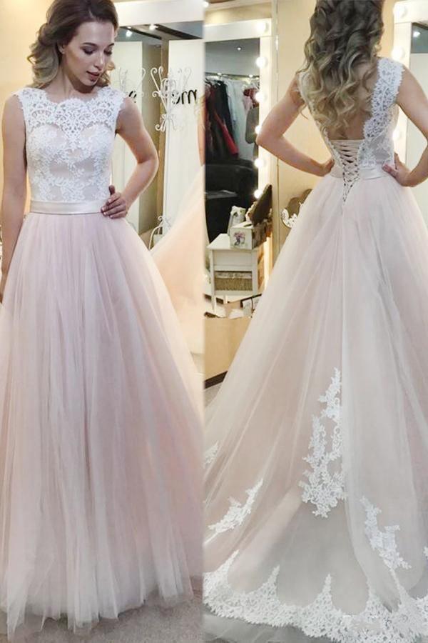 A-line Tulle Sweep Train Wedding Dress With Lace Applique WD180 - Tirdress