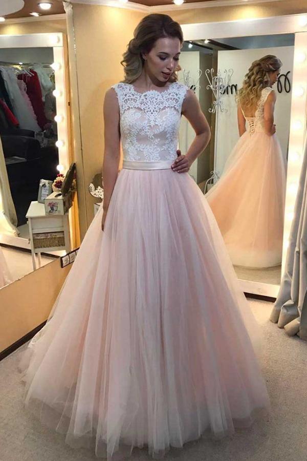 A-line Tulle Sweep Train Wedding Dress With Lace Applique WD180 - Tirdress