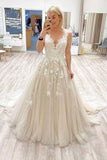 A-line Tulle V-neck Long Prom Dresses With Lace Appliques TP1079