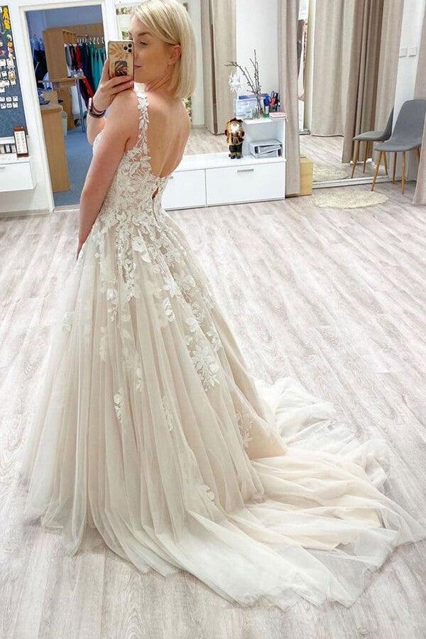 A-line Tulle V-neck Long Prom Dresses With Lace Appliques TP1079 - Tirdress