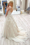 A-line Tulle V-neck Long Prom Dresses With Lace Appliques TP1079 - Tirdress