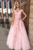A-line V-Neck Cap Sleeves Pink Tulle Beaded Appliques Prom Dress PG471