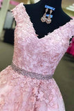 A-line V-Neck Cap Sleeves Pink Tulle Beaded Appliques Prom Dress PG471 - Tirdress