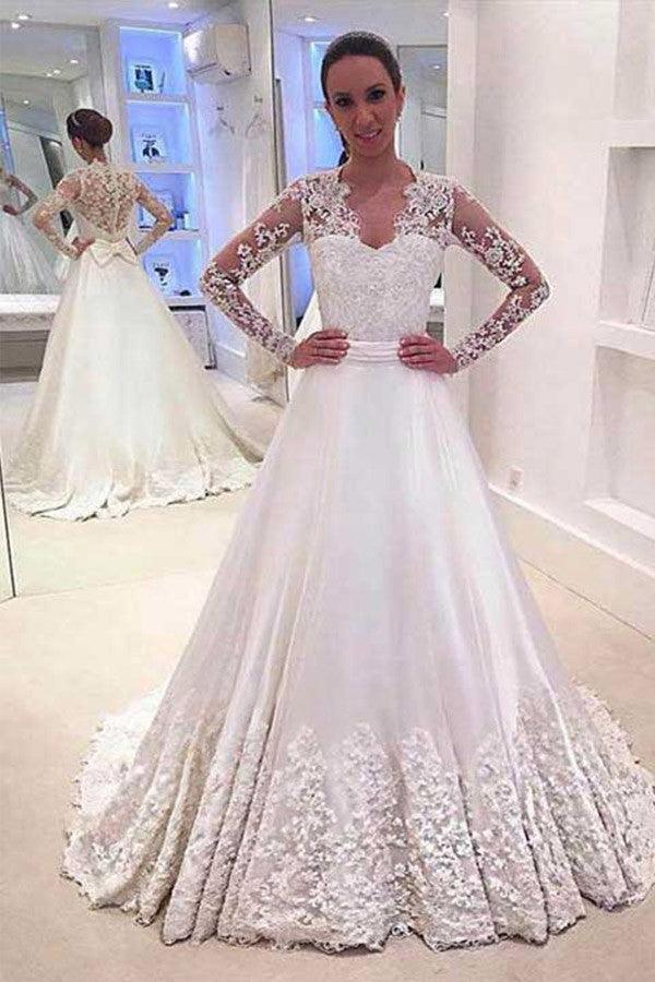 A-line V-neck Long Sleeves Court Train Wedding Dress With Appliques TN0021 - Tirdress