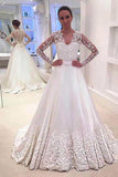 A-line V-neck Long Sleeves Court Train Wedding Dress With Appliques TN0021