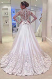 A-line V-neck Long Sleeves Court Train Wedding Dress With Appliques TN0021 - Tirdress