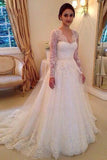 A-line V-neck Long Sleeves Court Train Wedding Dress With Appliques WD062 - Tirdress