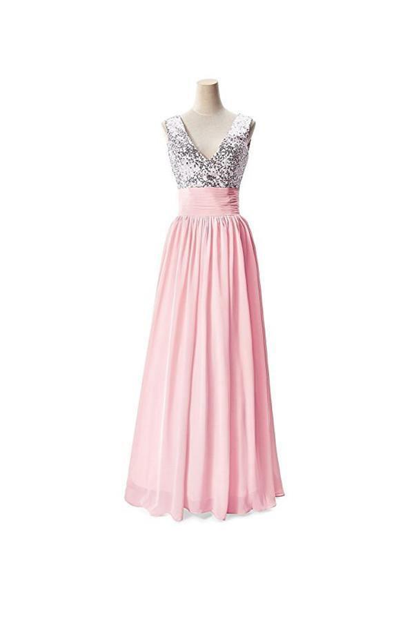 A-line V-neck Sequins Top Chiffon Long Prom Dresses Evening Dresses PG275 - Tirdress