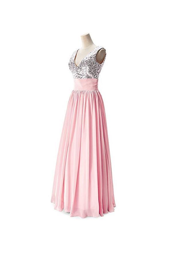A-line V-neck Sequins Top Chiffon Long Prom Dresses Evening Dresses PG275 - Tirdress