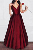 A-line V-neck Spaghetti Strap Burgundy Prom Dresses Long Evening Gowns PG679