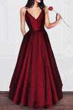 A-line V-neck Spaghetti Strap Burgundy Prom Dresses Long Evening Gowns PG679 - Tirdress